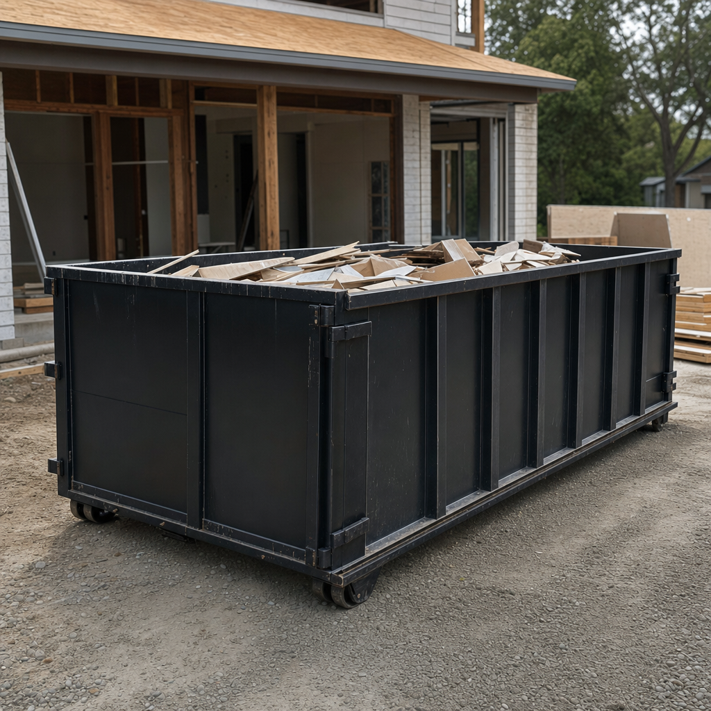 Large matte-black 30-yard construction roll-off dumpster at an active Holtsville jobsite, steel-gray top rails and bottom rollers visible, loaded with construction debris.