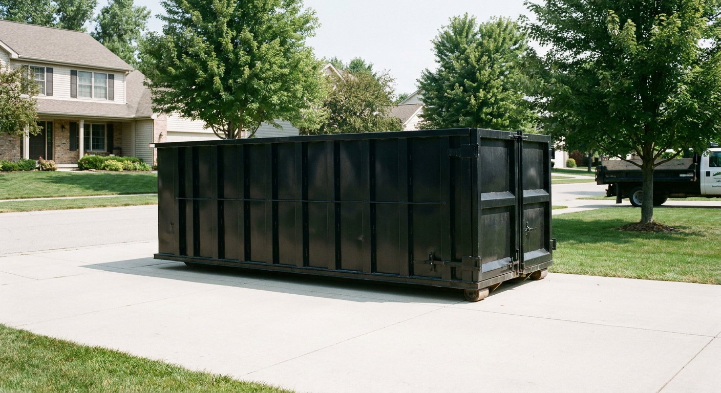 Matte-black 20-yard roll-off dumpster sitting level on a clean Holtsville residential concrete driveway under bright daylight, demonstrating clean placement directly on the concrete.