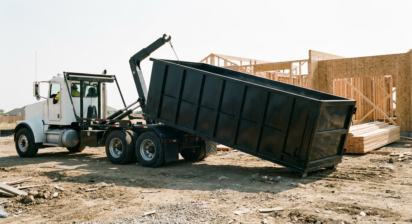 Matte-black roll-off dumpster being delivered onto a clean residential concrete driveway in Holtsville by an unmarked white hooklift hauler truck, bright morning daylight, documentary 35mm perspective.